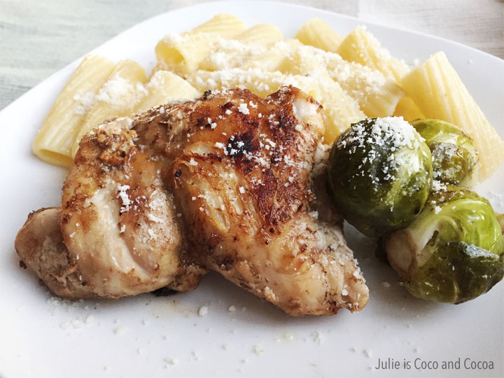 $10 dinner challenge Balsamic Chicken Thighs with Roasted Brussels Sprouts and Parmesan Rigatoni