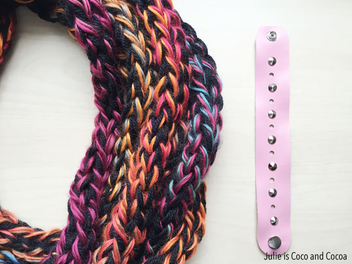 One Hour Finger Knit Infinity Scarf with a Leather Cuff