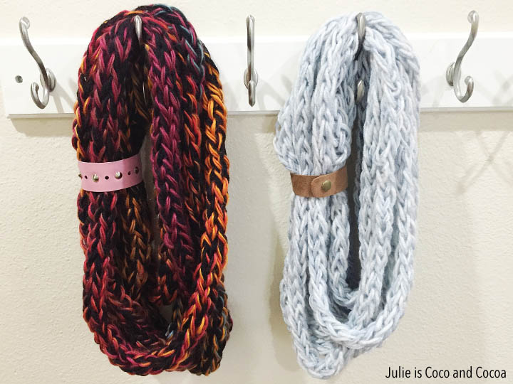 One Hour Finger Knit Infinity Scarves with Leather Cuffs