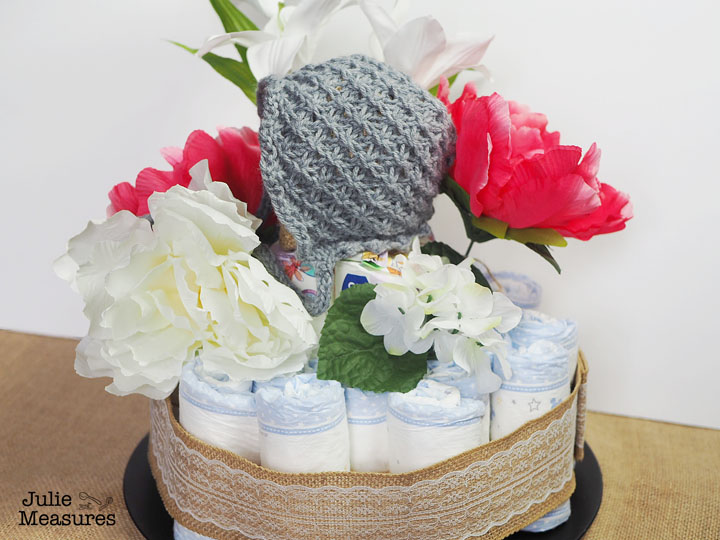 Burlap Diaper Cake With Baby Wipes and a Knit Baby Bonnet - Julie Measures