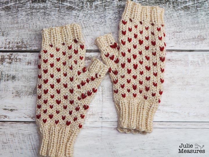 Fair isle heart fingerless mittens