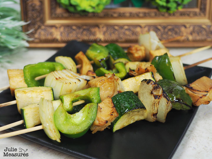 honey lime grilled chicken and veggie skewers